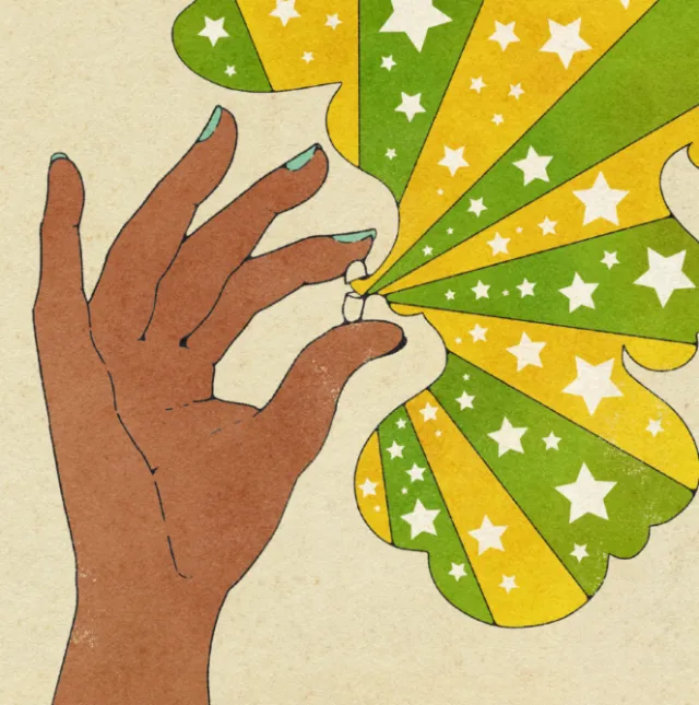 Hand holding pill emitting colorful starburst rays, artwork by Lydia Silver