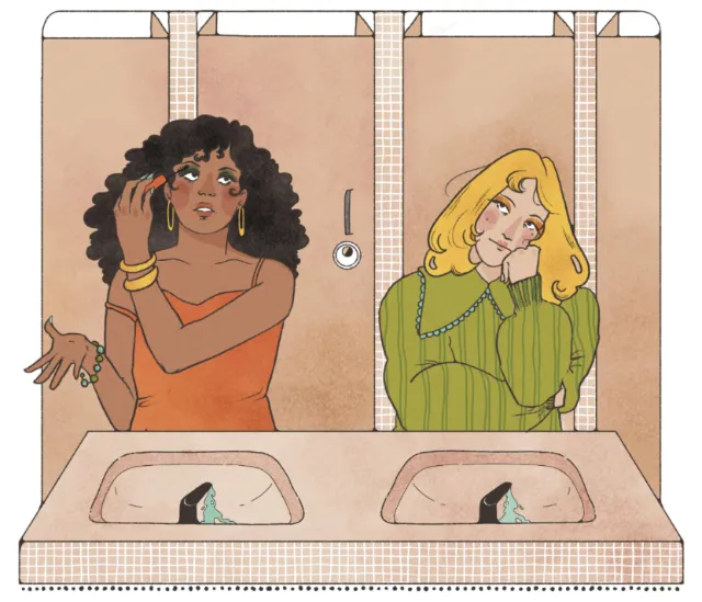 Illustration of two women in restroom stalls with sinks, by Lydia Silver
