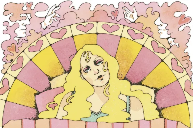 Illustration of a woman with long hair against a colorful geometric background by Lydia Silver
