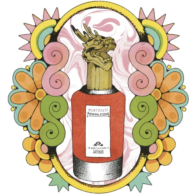 Illustration of Penhaligons fragrance bottle with decorative floral frame by Lydia Silver