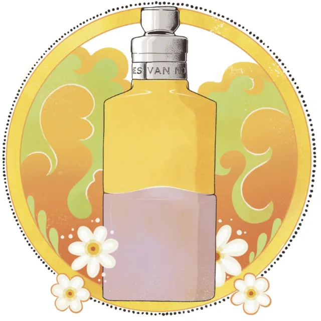 Colorful fragrance bottle with daisies and abstract background by Lydia Silver