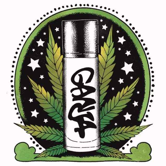 Fragrance bottle with ganja leaves surrounded by stars, illustration by Lydia Silver