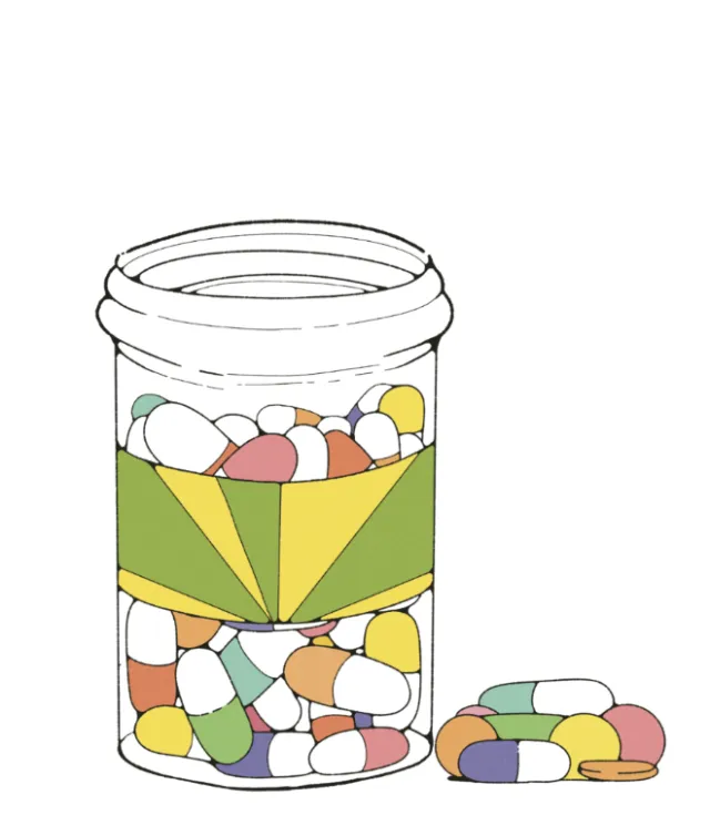Illustration of a prescription pill bottle filled with colorful capsules by Lydia Silver