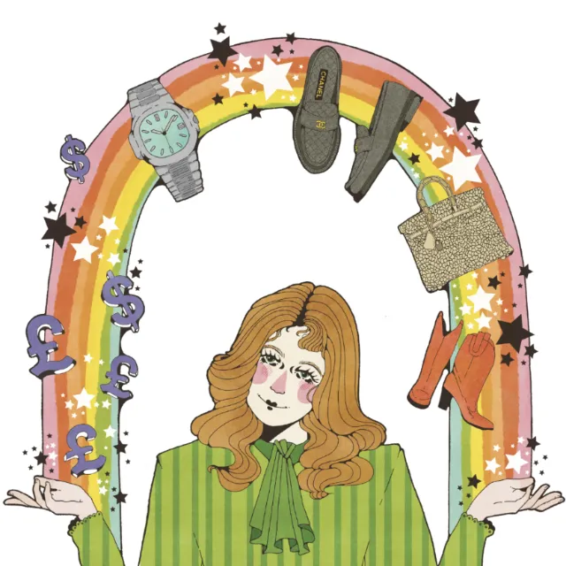 Illustration of a woman with rainbow surrounded by shoes, watch, and money symbols by Lydia Silver