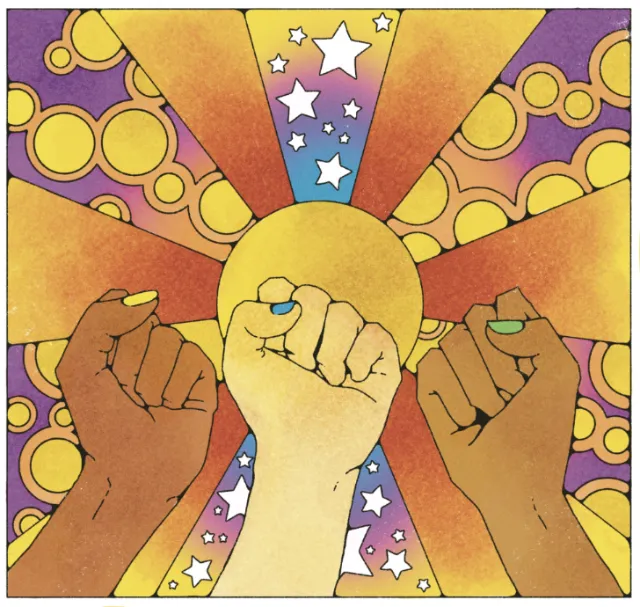 Raised fists with colorful sun rays and stars by Lydia Silver