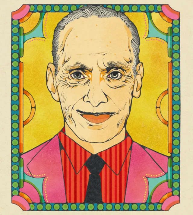Illustrated portrait of John Waters with colorful ornate border by Lydia Silver