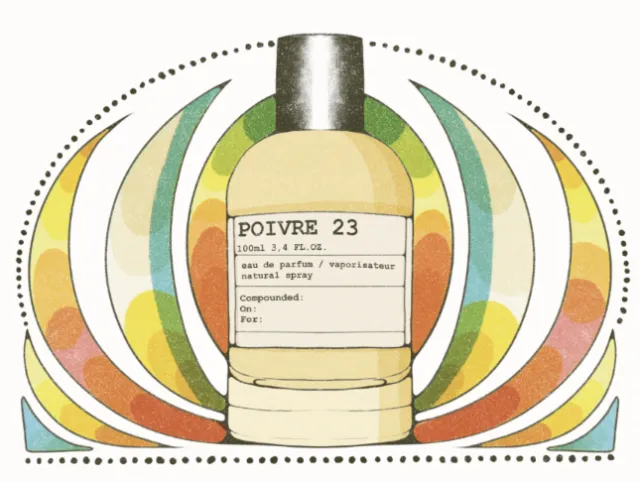 Illustration of Poivre 23 perfume bottle with colorful circular background by Lydia Silver