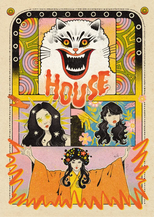 Surreal colorful poster featuring a cat face and three women, inspired by House, by Lydia Silver