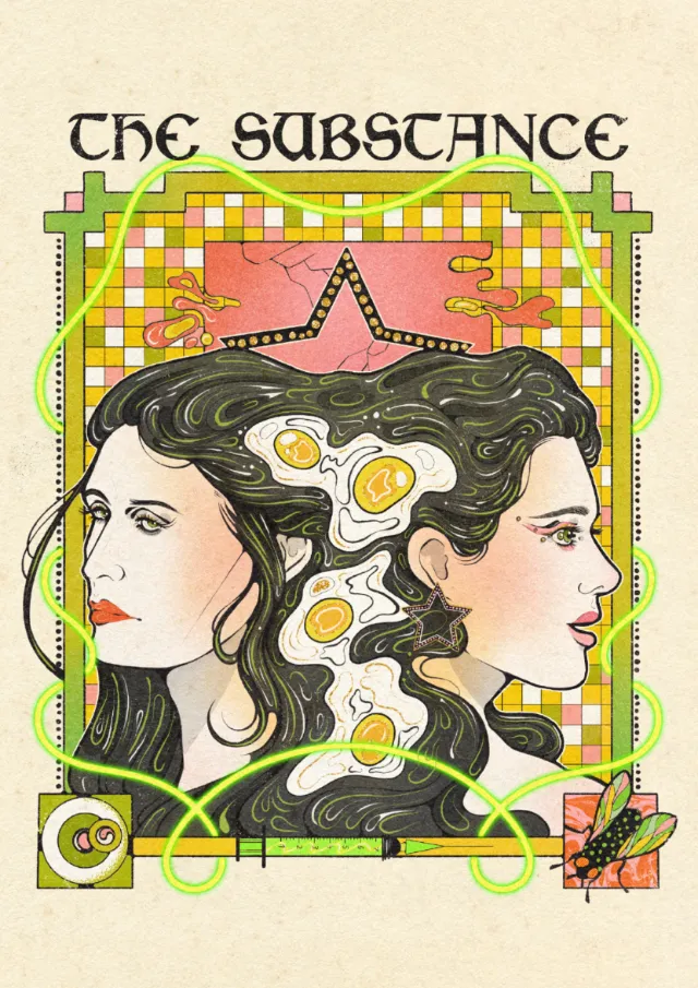 Surreal horror poster of two women with melting features by Lydia Silver
