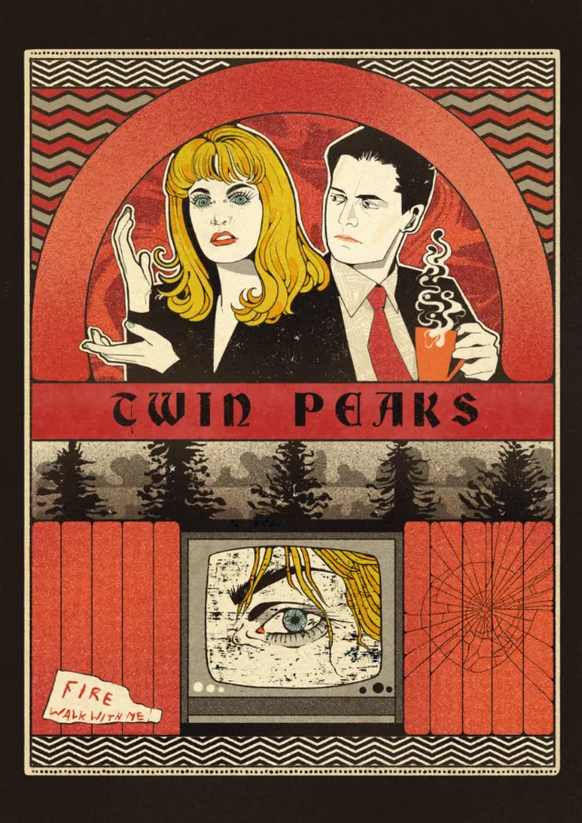 Twin Peaks poster featuring two characters and forest imagery by Lydia Silver