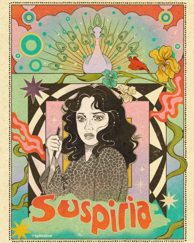 Illustrated poster of woman with dark curly hair holding a knife, colorful peacock and floral motifs