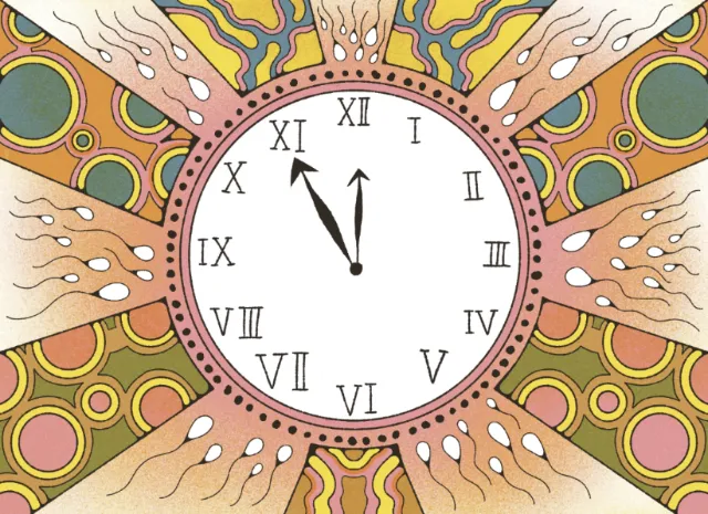 Clock showing eleven o'clock surrounded by hands with nails, by Lydia Silver