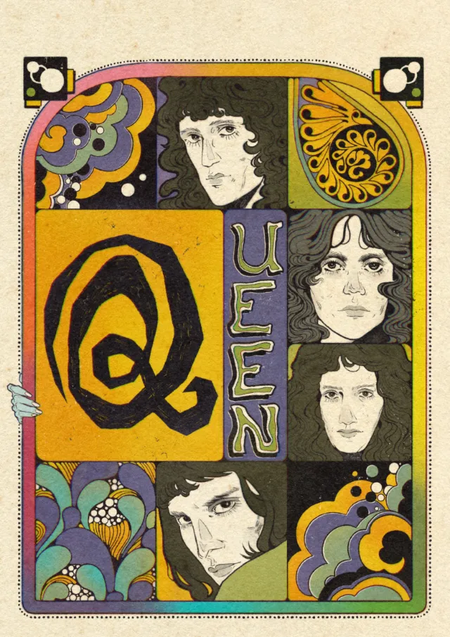 Queen band members illustrated with decorative patterns by Lydia Silver