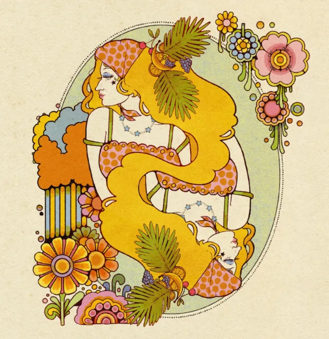 Colorful spring-themed woman with flowing hair and floral decorations by Lydia Silver