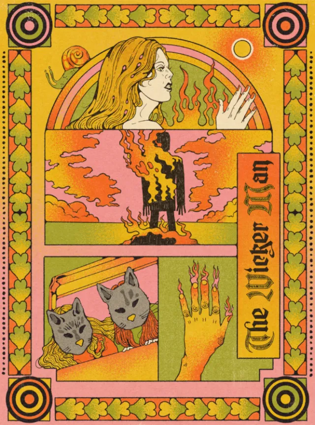 The Wicker Man 1973 poster with fire, wolves, and a mystical woman by Lydia Silver