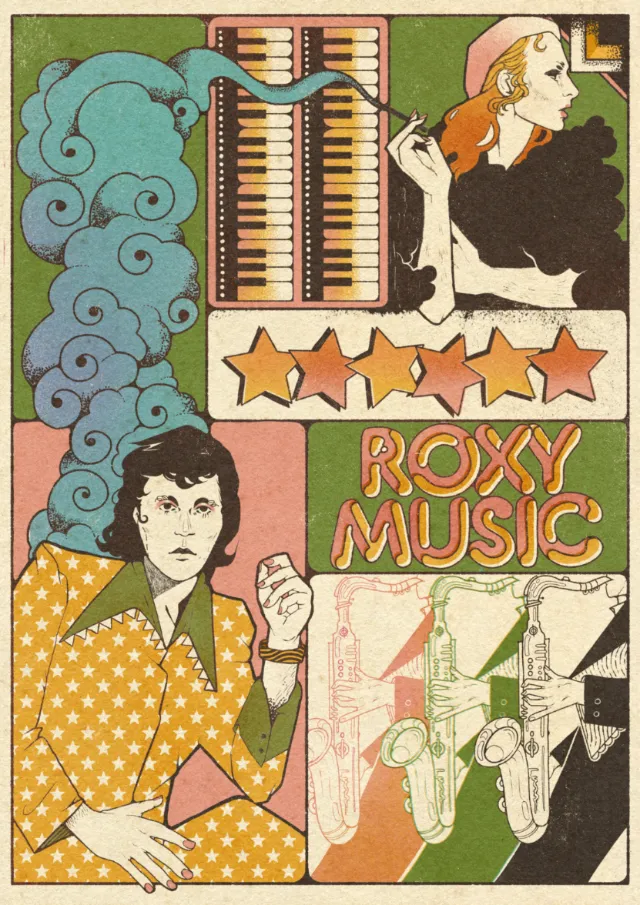 Poster inspired by 1970s Roxy Music band with illustrations of band members, keys, and saxophones by