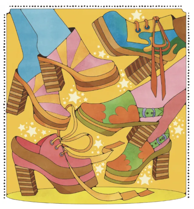 1970s platform shoes artwork by Lydia Silver with vibrant colors