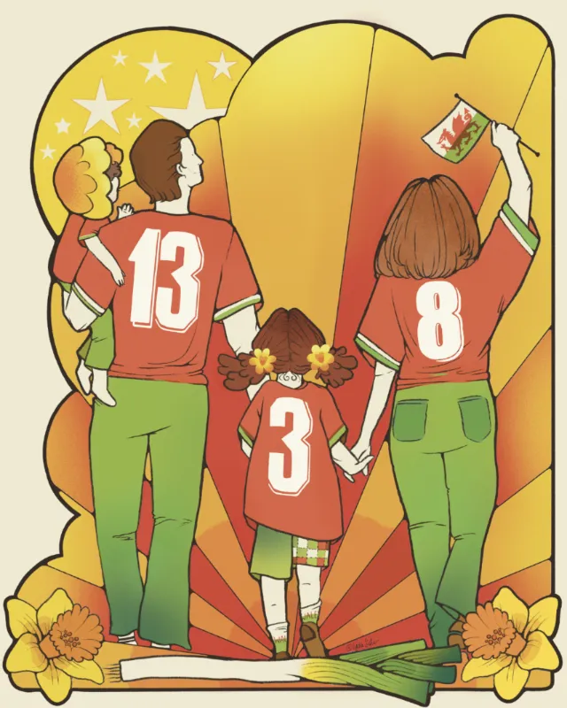 Welsh women's rugby family fans holding daffodils by Lydia Silver
