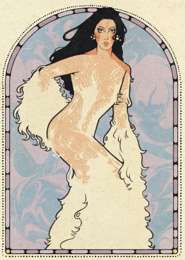 Illustration of Cher in a Bob Mackie dress at the 1974 Met Gala by Lydia Silver