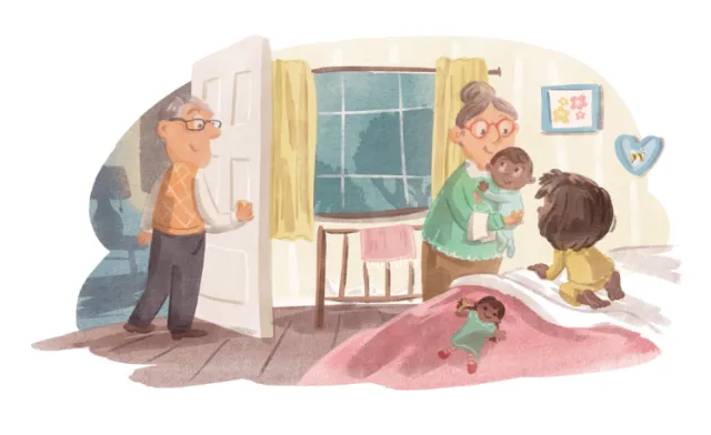 Grandparents reading a bedtime story with their grandchildren, by Nathaniel Eckstrom