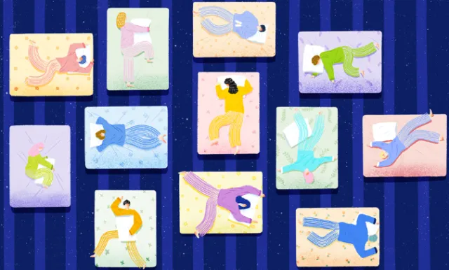 Abstract figures in colored rectangles on blue background by Xinping Li