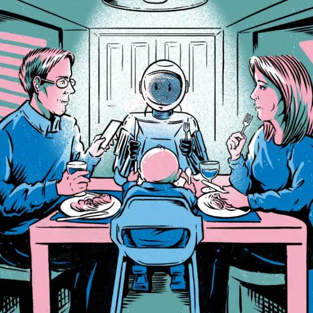 Family sitting at dinner table with a robot, illustration by Cat Sims