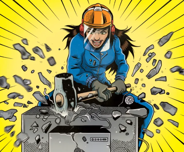 Woman breaking open a safe with a hammer, artwork by Wagner Loud