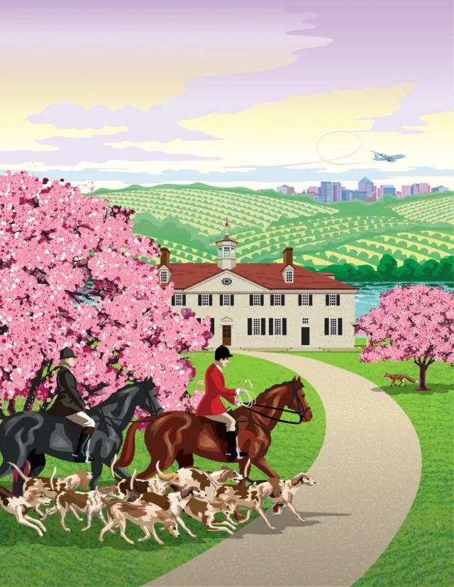 Hunting scene near Virginia State Capitol with cherry blossoms by Colin Elgie
