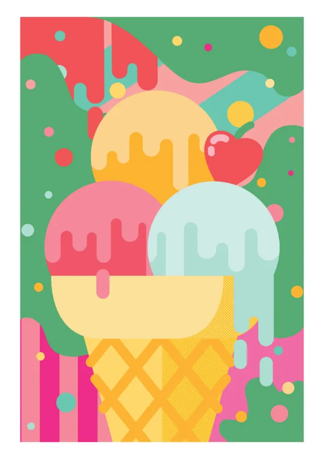 Colorful ice cream cone with three scoops and apple on top, by Donough O'Malley