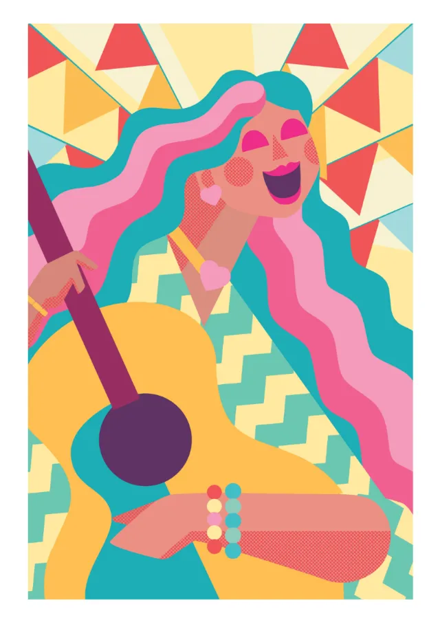 Abstract woman playing guitar with colorful flowing hair by Donough O'Malley