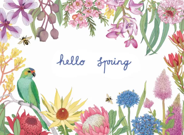 Spring flowers and birds around 'hello spring' text by Annie Davidson