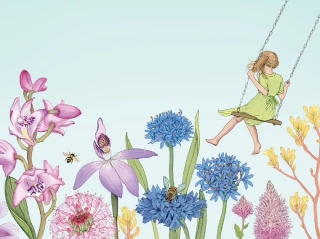 Girl on swing surrounded by colorful flowers and bees by Annie Davidson