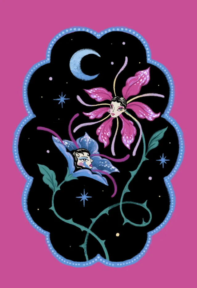 Floral fairies dancing under crescent moon and stars by Alyssa De Asis