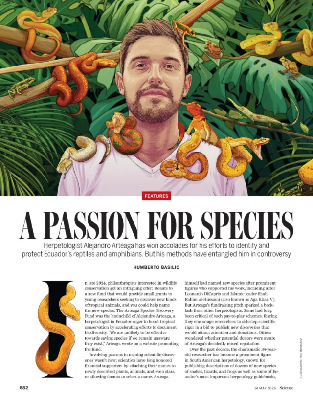 Illustration of Alejandro Arteaga surrounded by Ecuadorian reptiles by Tavo Montanez