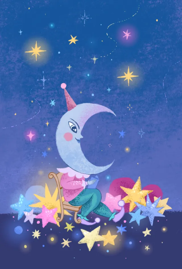 Illustration of crescent moon with party hat and colorful stars by Alyssa De Asis