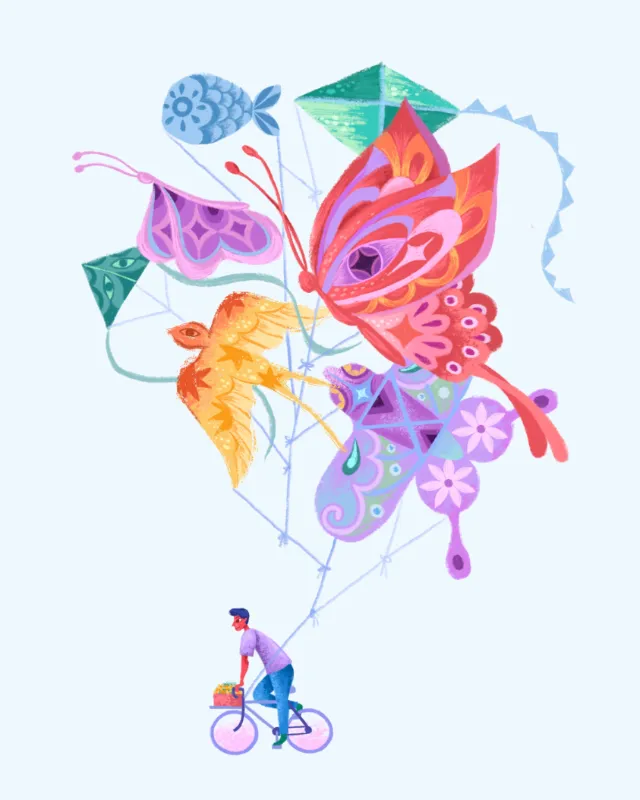 Person on bicycle flying colorful butterfly and kite balloons by Alyssa De Asis