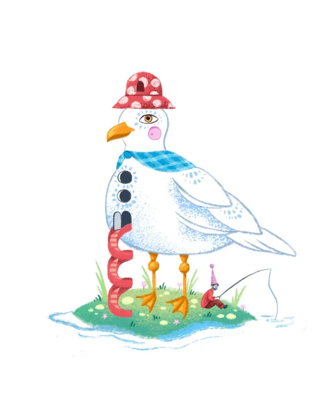 Whimsical seagull with red hat holding a worm by fishing rod by Alyssa De Asis