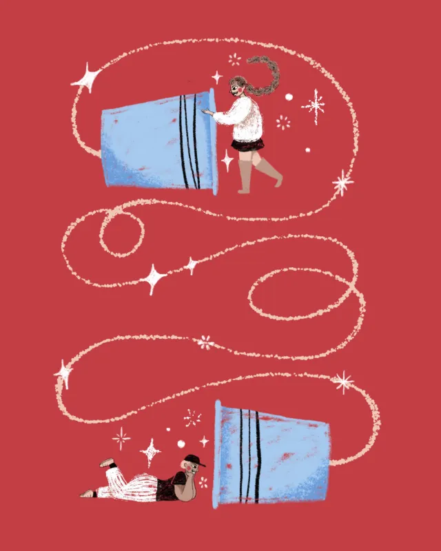 Illustration of two people with large blue cups connected by swirling line by Alyssa De Asis
