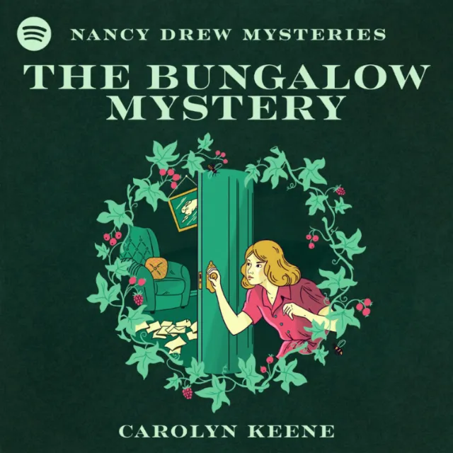 Nancy Drew peeking through a door surrounded by ivy, illustration by Alison Kerry