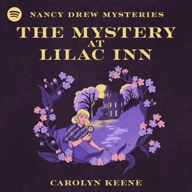Illustration of Nancy Drew with magnifying glass near Lilac Inn, by Alison Kerry