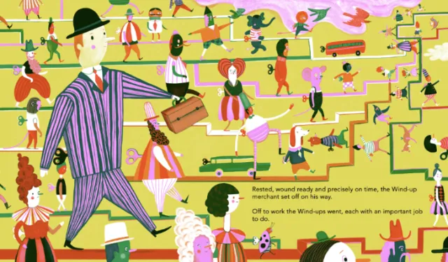 Colorful whimsical scene with wind-up figures in a crowd by Anne Wilson