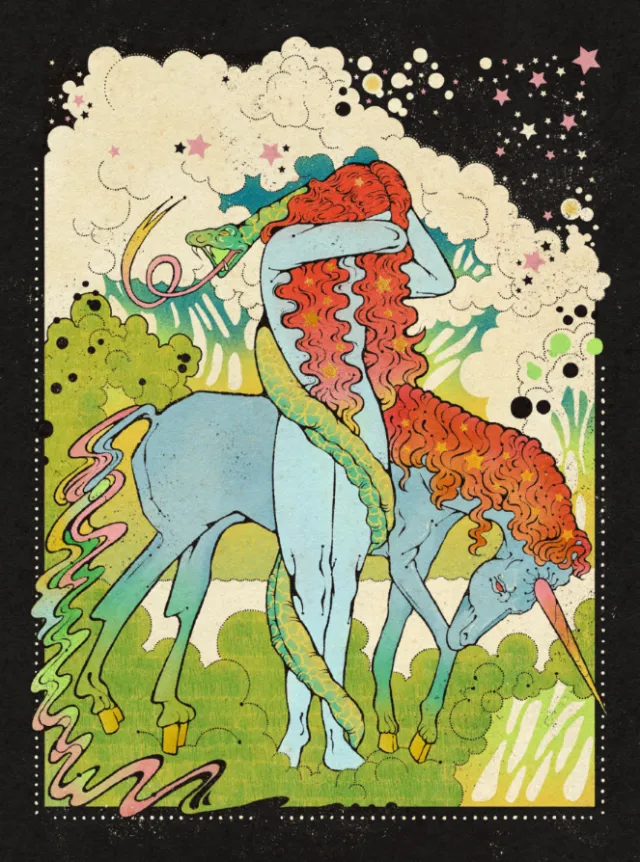 Blue centaur woman with flowing red hair and foal in fantasy setting by Lydia Silver