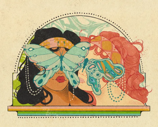Two women with butterflies covering their eyes by Lydia Silver