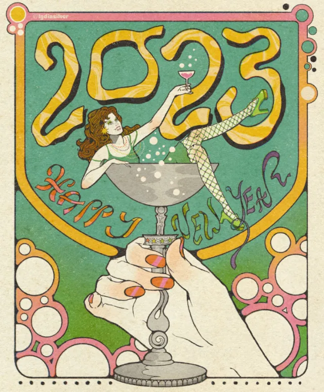 2023 New Year's Eve artwork with woman in champagne glass by Lydia Silver