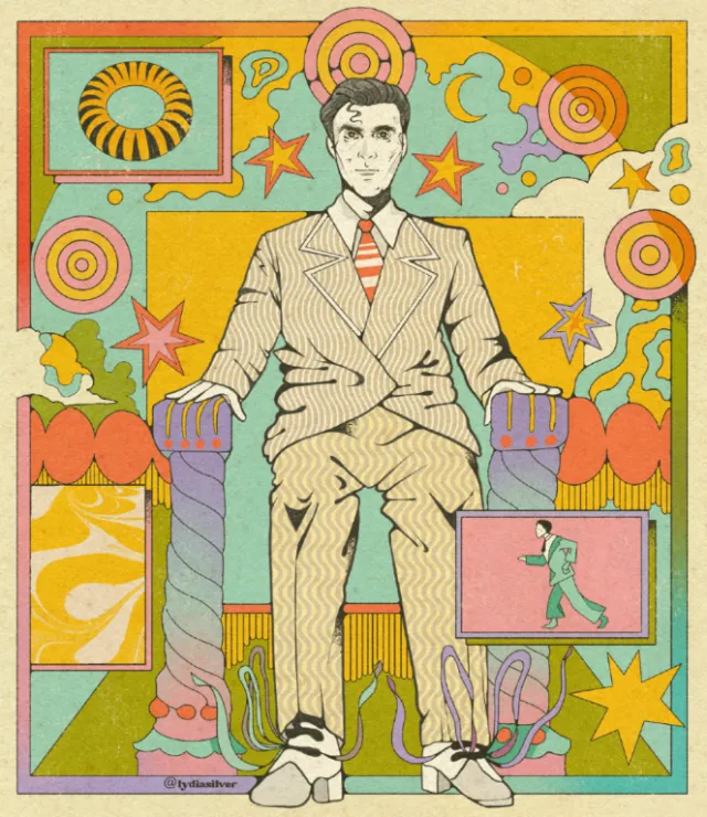 Illustration of David Byrne seated with colorful psychedelic background by Lydia Silver