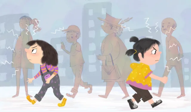 Anxious women walking with shadowy figures behind them by Dalia Awad
