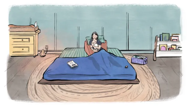 Woman sitting in bed reading a book by Briana Kranz