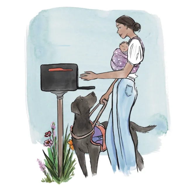 Illustration of woman carrying baby and guide dog by mailbox by Briana Kranz