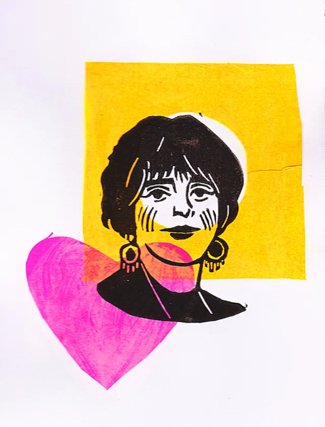 Linocut portrait of Agnès Varda by Burin and Plate