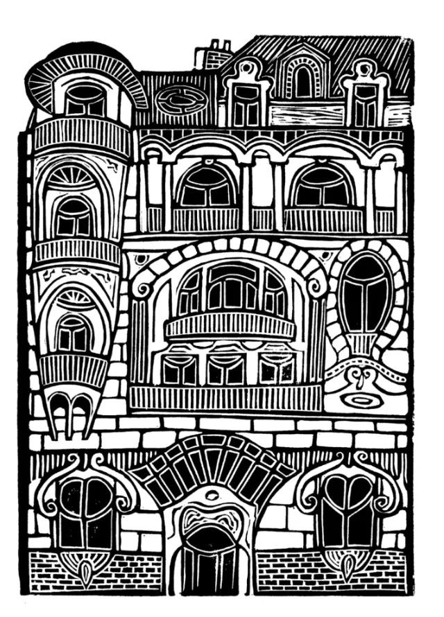 Linocut portrait of an Art Nouveau building by Burin and Plate